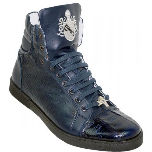 Mauri 8876 Navy Blue Genuine Alligator And Mauri Embossed Nappa Leather Casual Boots With Mauri Emblem Embroidery & Silver Mauri Alligator Head